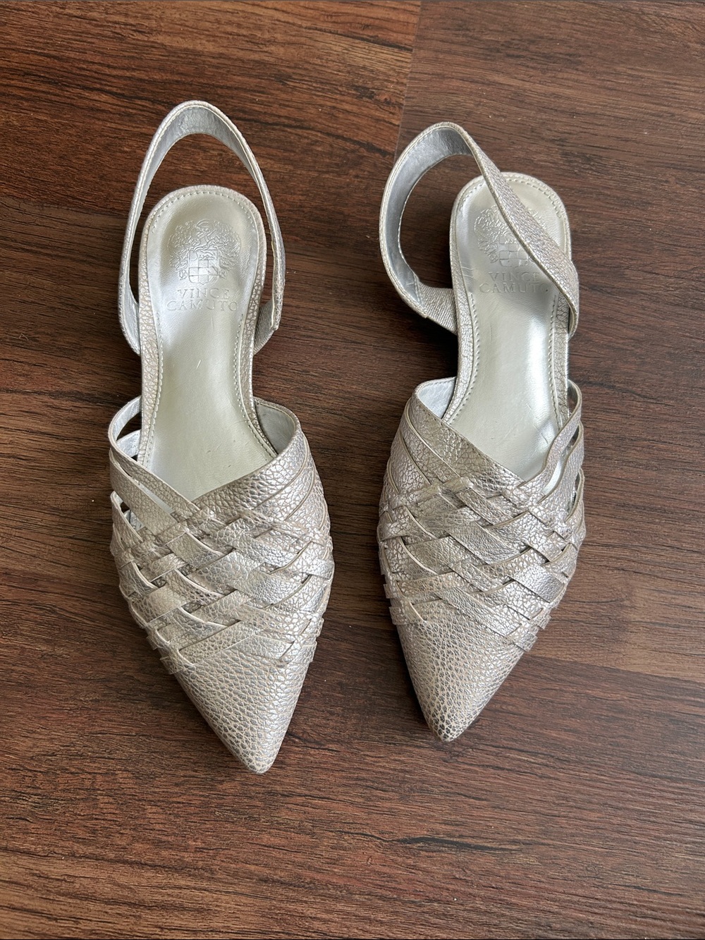 Vince Camuto Metallic Silver Woven Pointed Toe Slingback Flat Mules, size 7.5m